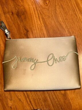 Authentic Jimmy Choo Satin Gold Raina Script Zip Pouch
